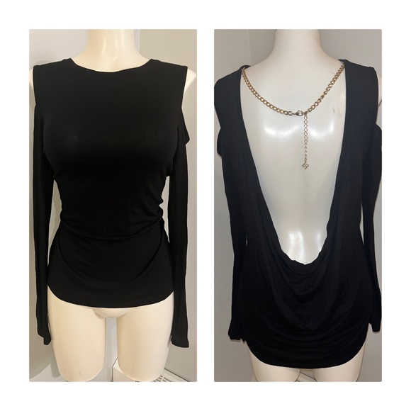 BCBGMaxazria BCBG Maxazria Off Shoulder Backless Chain Long Sleeve Black Shirt - Picture 1 of 5